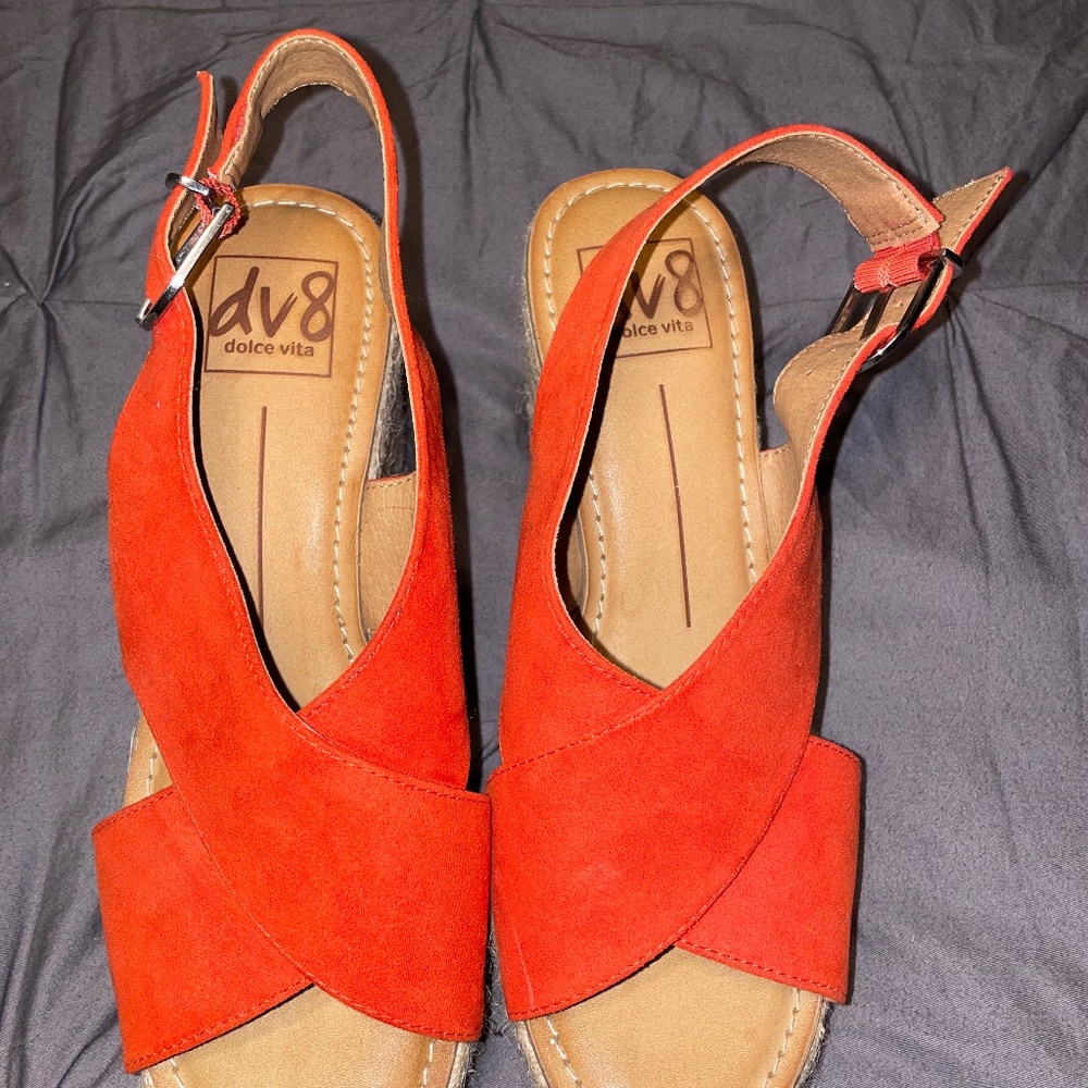 Orange suede stacked platform heels